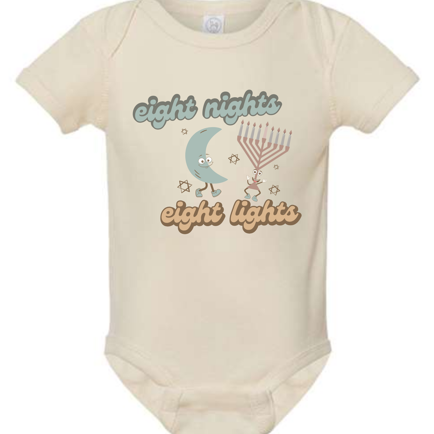 onesie with eight nights and eight lights written on them with a dancing menorah and moon