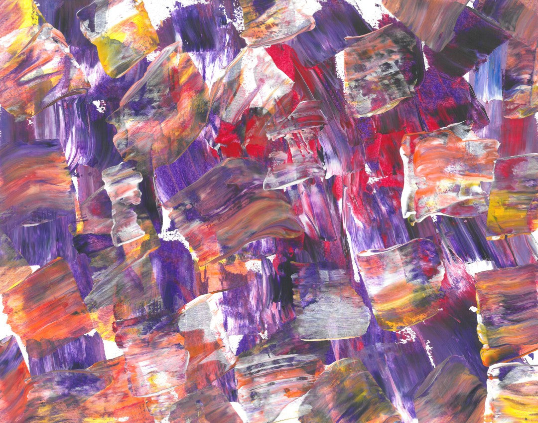 Abstract painting of blending white, purple, red, and yellow dashes