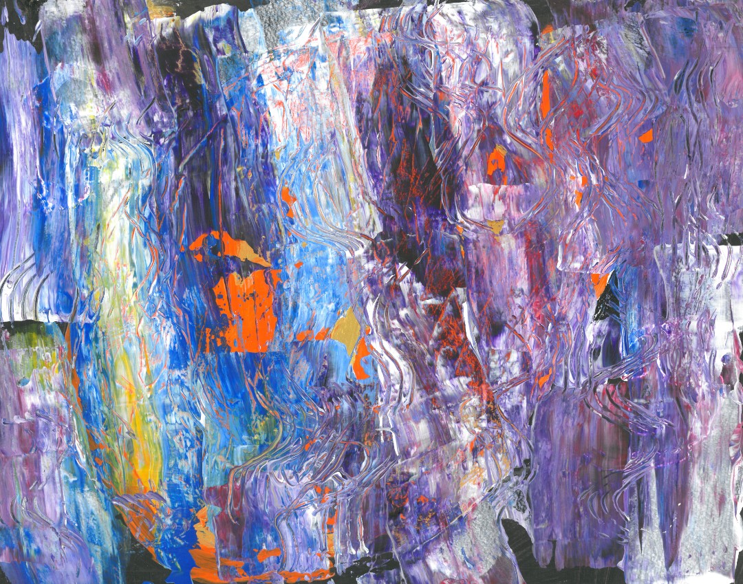 Abstract painting of blending blue, white, and purple stripes