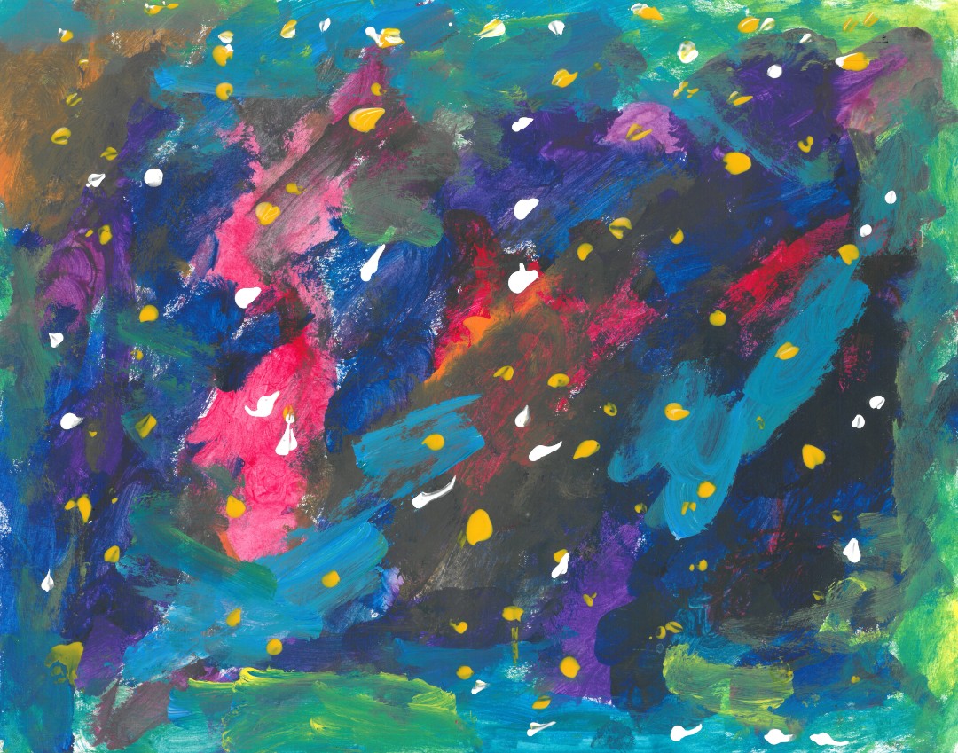 Abstract painting of white and yellow dots on a colorful background