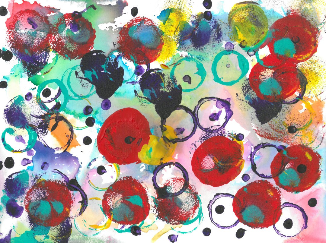 Abstract painting of colorful dots, spots and circles on a white background