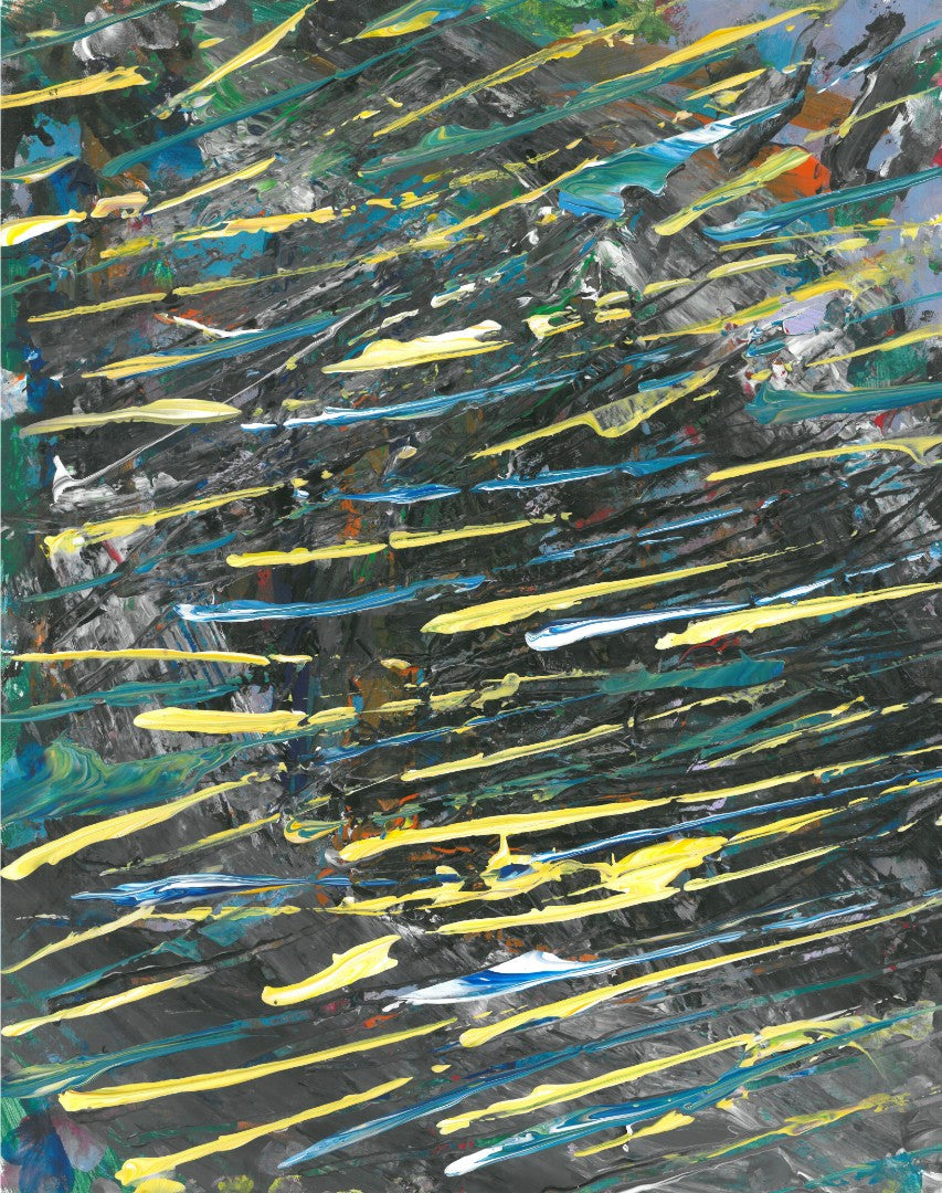 Abstract painting of blue, green and yellow lines on a black background