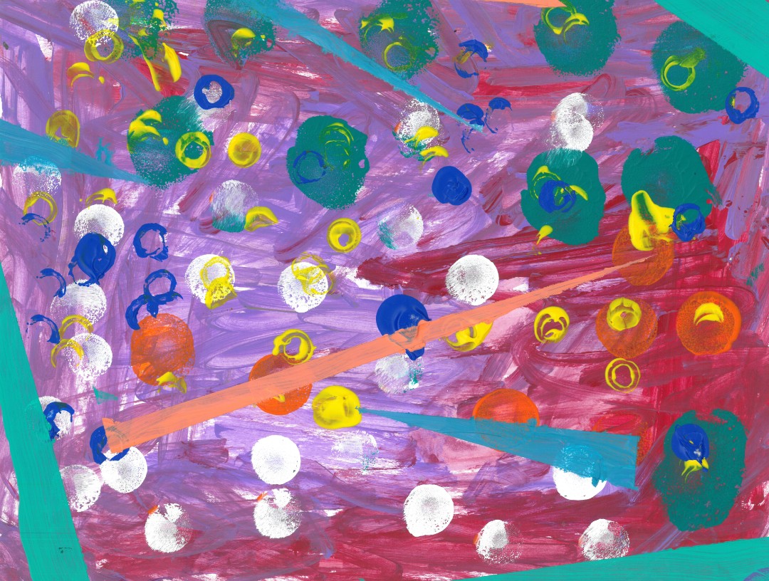 Abstract painting of colorful spots and triangles on a purple background