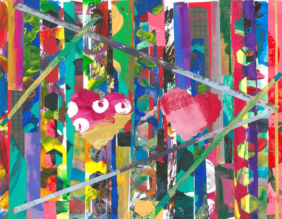 Abstract painting of two pink hearts centered between colorful designs