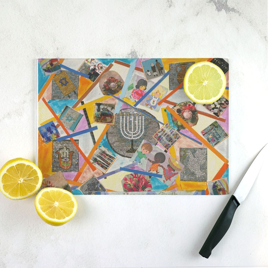 drip tray of a Collage of various Judaic Symbols with orange and blue lines eminiating from the center