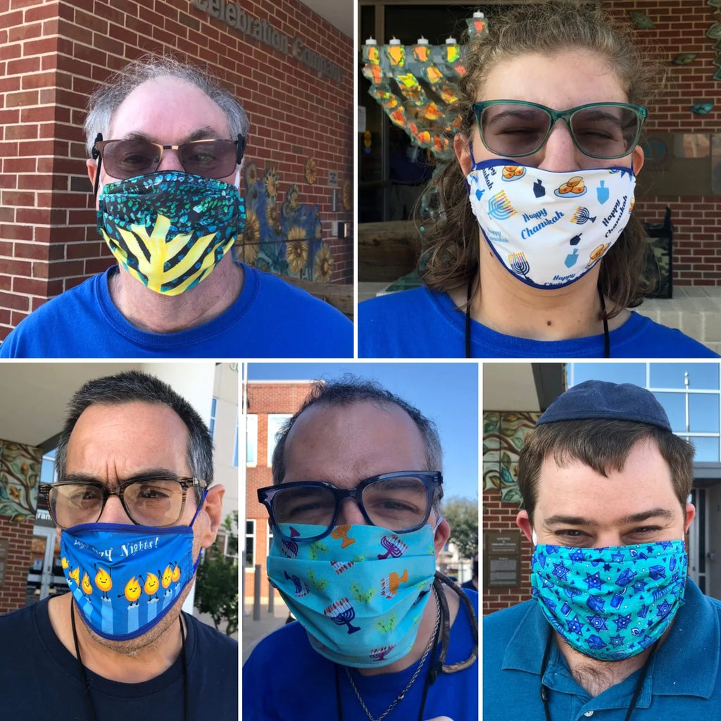 A collage of four Celebration Company employees wearing masks with unique artwork 