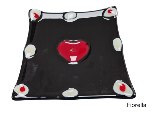 Colorful Black Wavy Plate with white dots and a heart, made by the talented employees of Celebration Company.