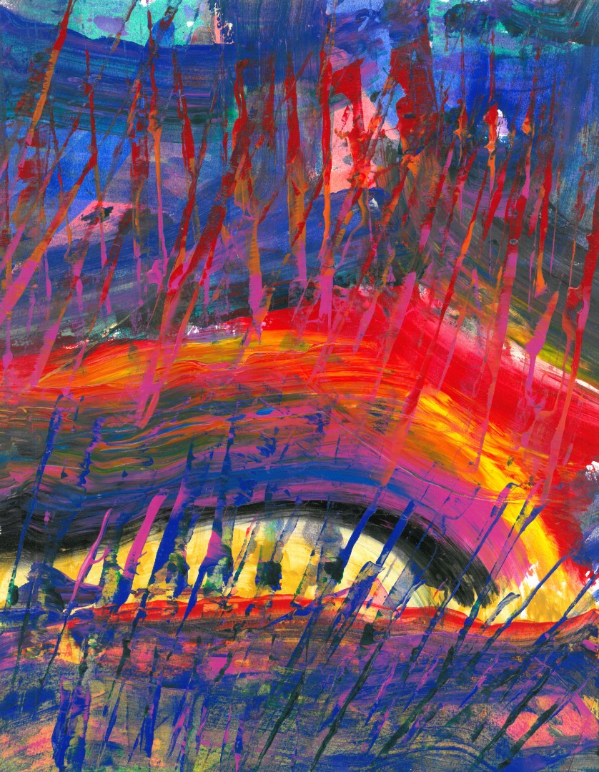 Abstract painting of blue, red, purple, yellow, and black swirls