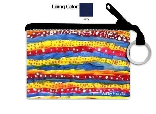 coin purse of an Abstract painting with rows of stripes alternating yelow, red, and blue. Red dots are in the yellow stripes and white dots are in the red stripes