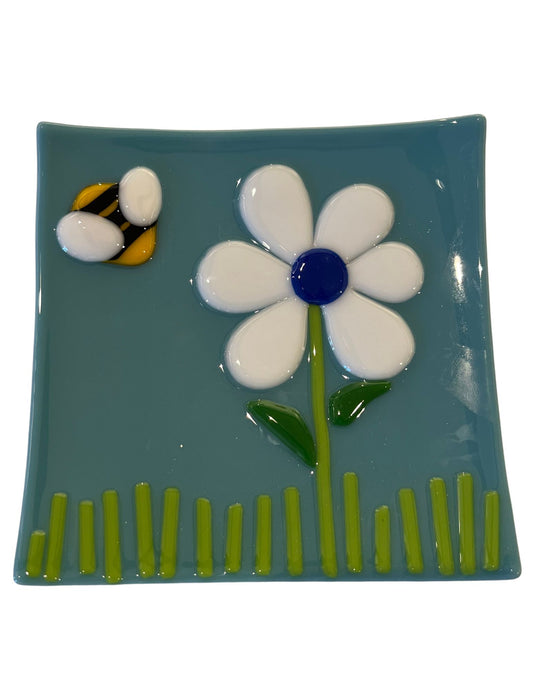 Flower and Bee Fused Glass Plate
