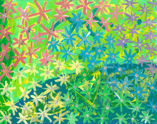 Artistic rendering of colorful flowers on a blue and green background