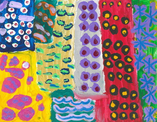 Abstract painting of colorful dots and dashes on a colorful striped background