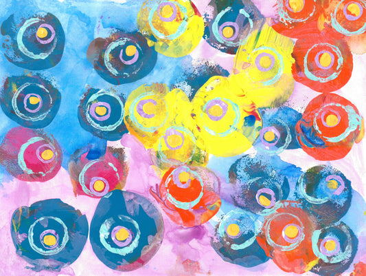 abstract painting with yellow, orange and blue dots with blue and purple circles inside