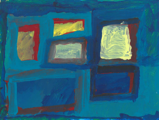 Abstract painting of red, yellow, and blue green squares and rectangles