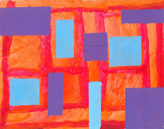 Abstract painting of orange, blue, and purple shapes on a red background