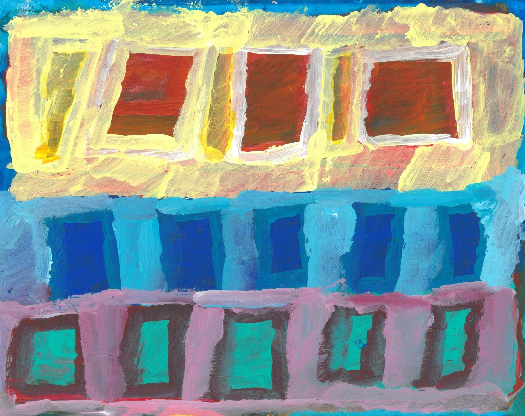 Abstract painting of colorful squares on blue and lavender stripes