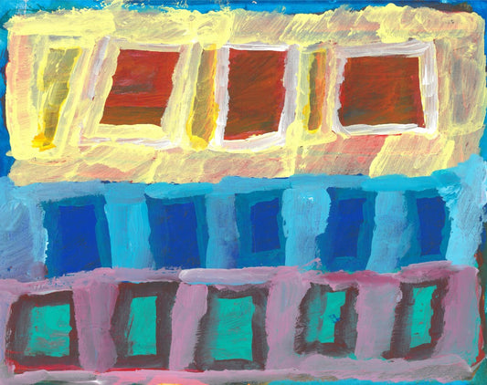 Abstract painting of colorful squares on blue and lavender stripes