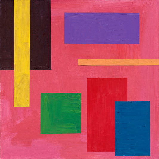 Abstract painting on a square pink canvas with rectangles and squares of various sizes layered on top