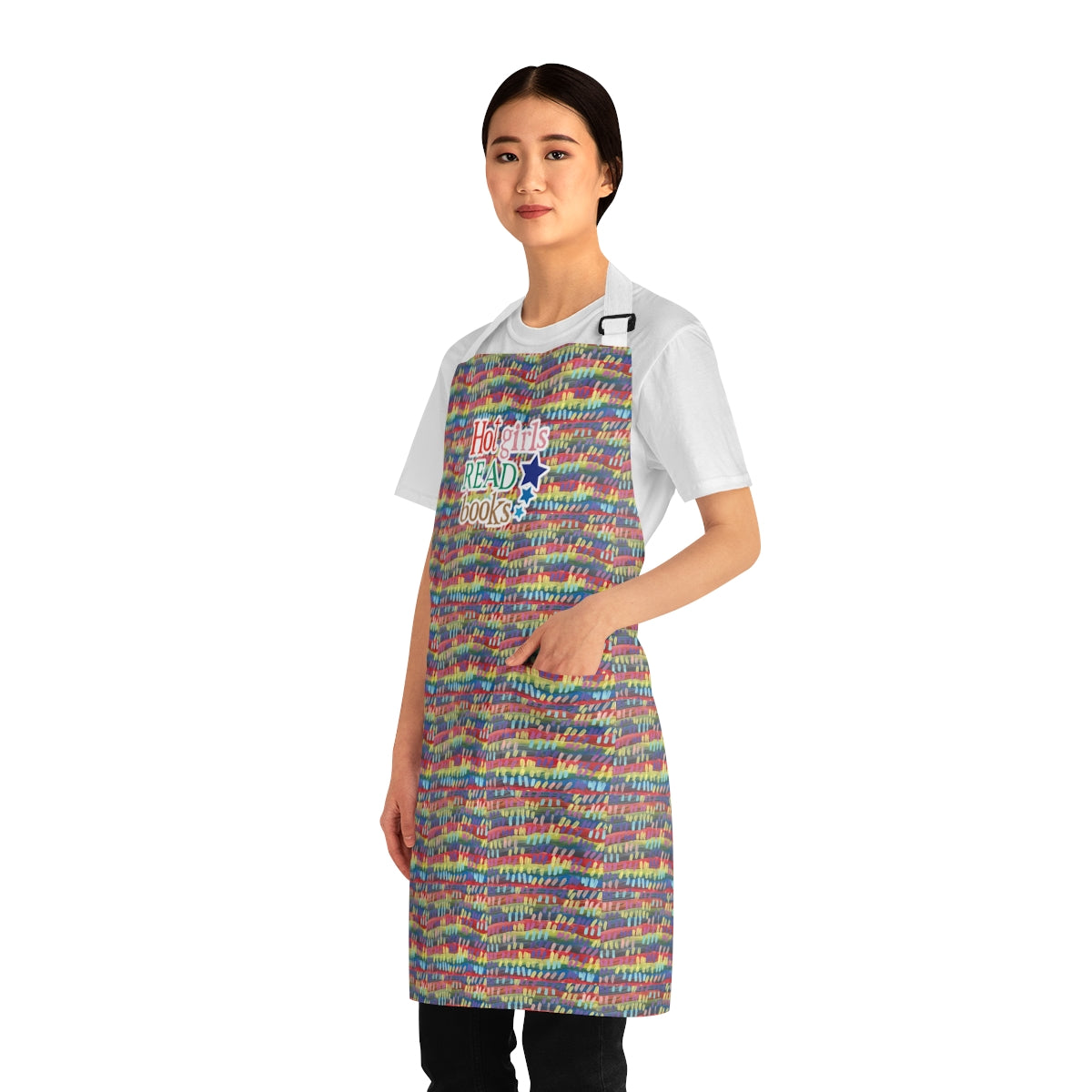multi colored striped apron with saying "hot girls read books"