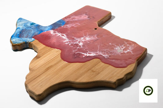 texas shaped board with pattern of texas flag decorated with resin