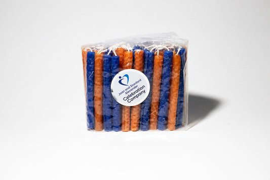 Package of 44 Chanukah candles in Astros colors, orange and electric blue.