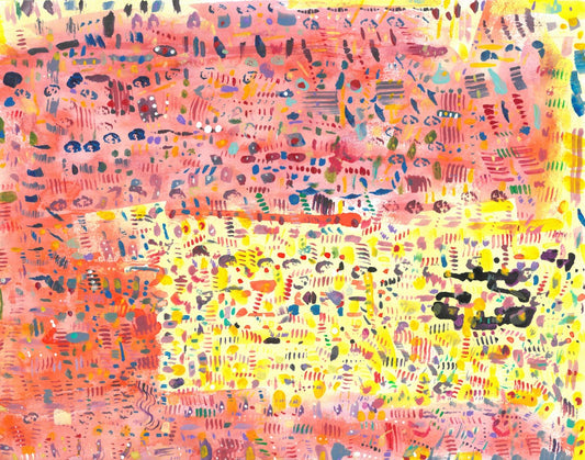 Abstract painting of colorful designs on a pink and yellow background