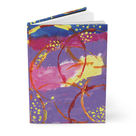 journal of an Abstract painting of large thin circular lines that are red, yellow, and orange on top of a background of light purple, blue, and pink. Inside a few of the interlocking lines are a series of yellow polka dots