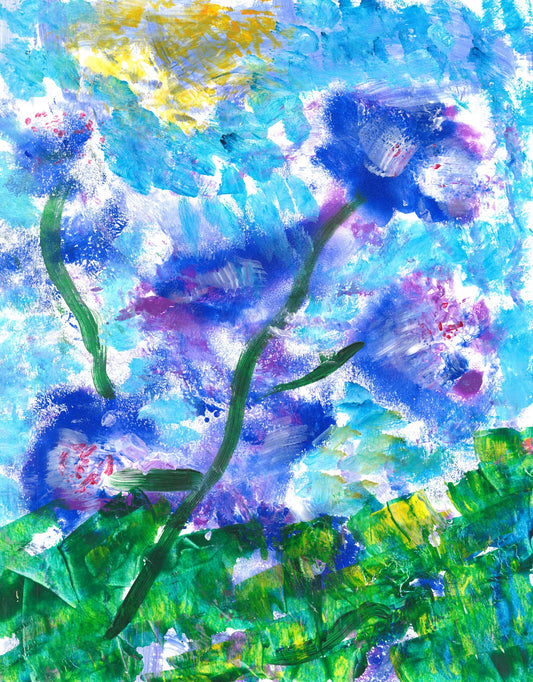 Abstract Painting with indications of purple flowers growing out of grass