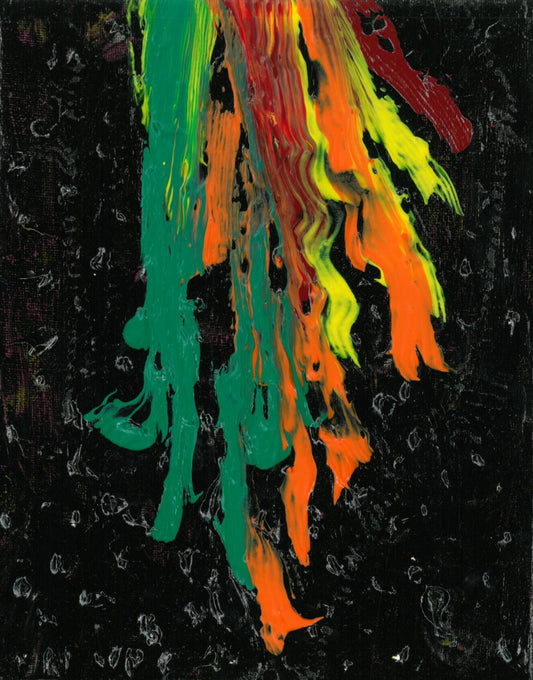 Abstract artwork of green, orange, yellow, and red dashes on a black background