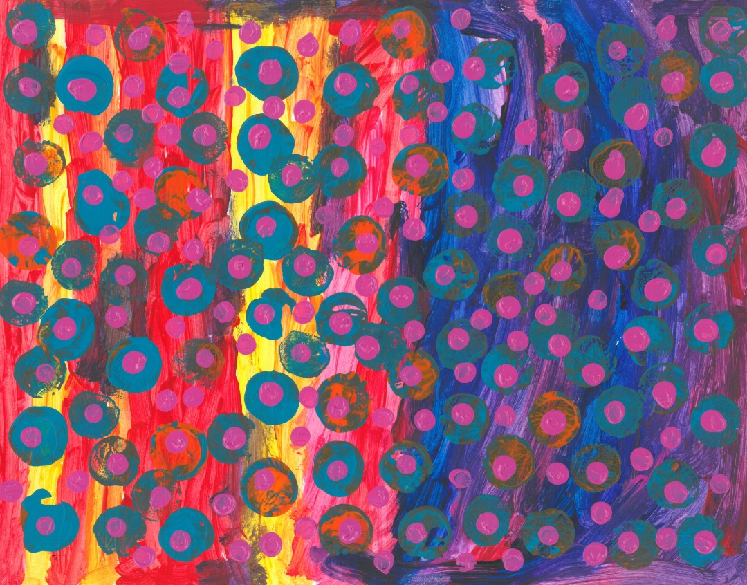 Abstract painting of colorful dots on a blue, pink and purple striped background