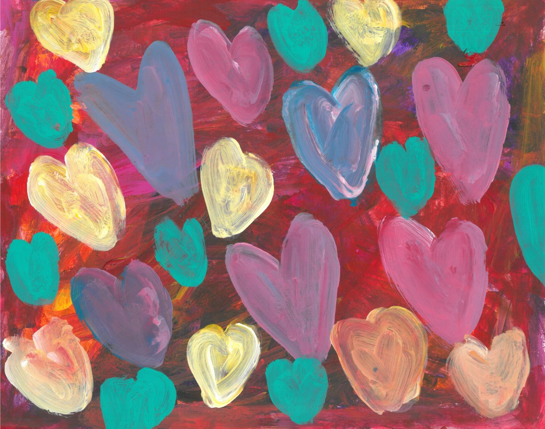 Abstract painting of yellow, green, purple, orange, and pink hearts on a red background
