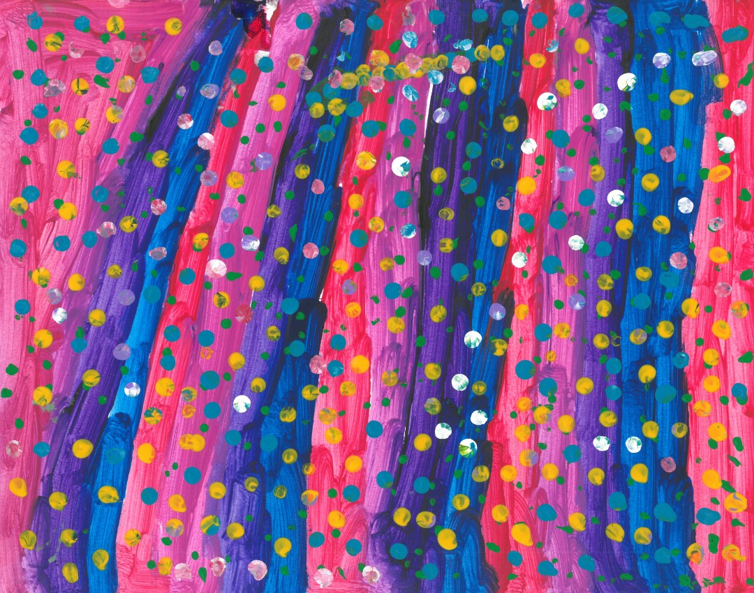 Abstract painting of aqua and purple dots on a red, yellow, and blue striped background