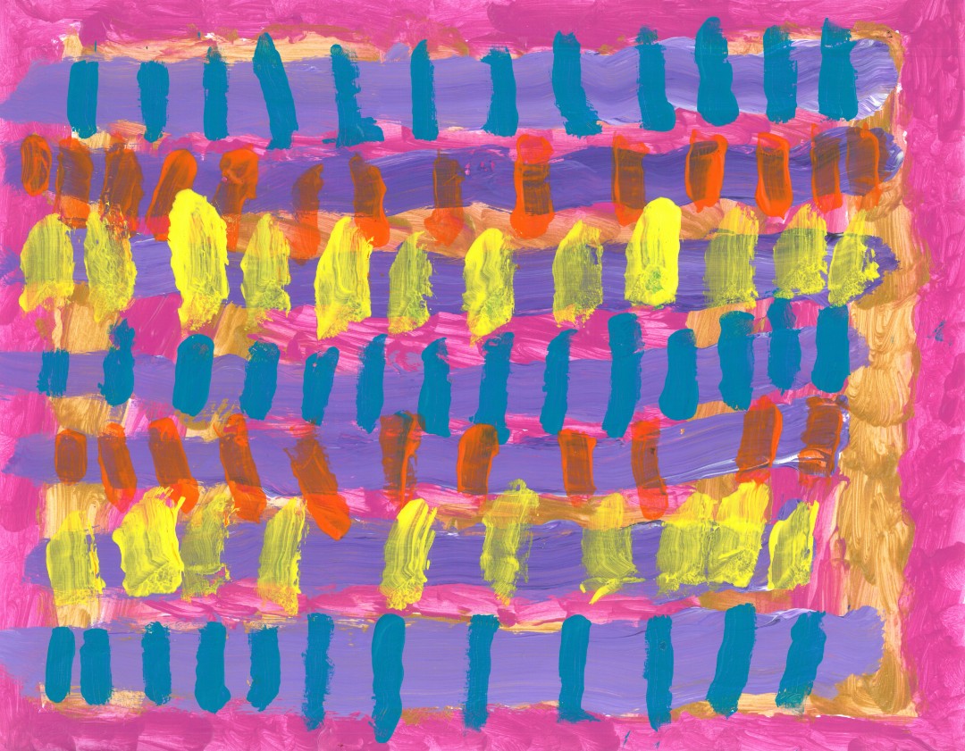 Abstract painting of yellow, orange, and yellow dashes on a purple striped pink background