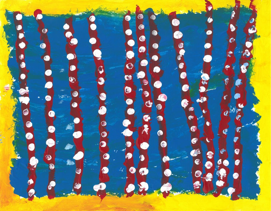 red vertical lines wth columns of white dots on top of a blue background surrounded by a yellow border