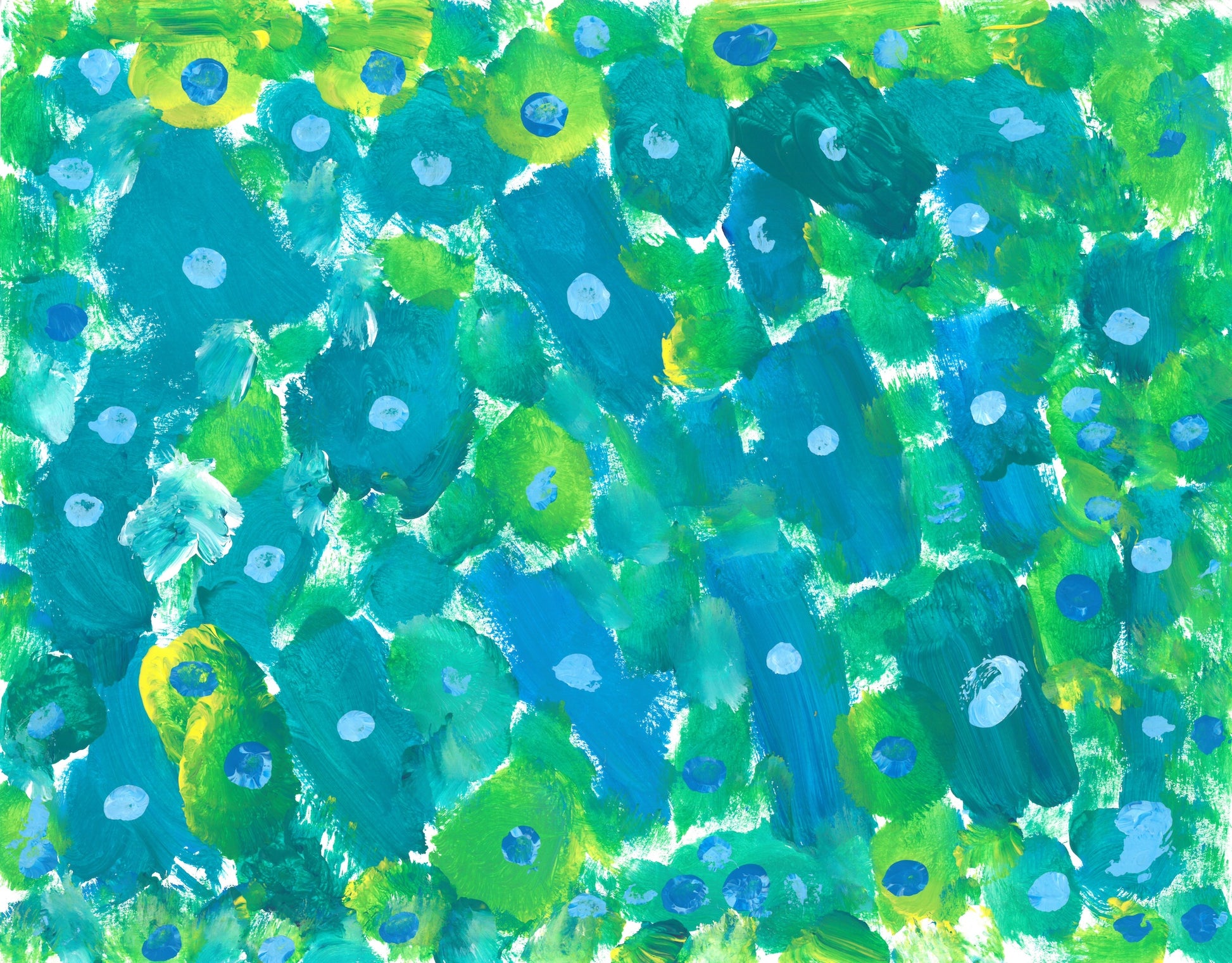 abstract painting of green and blue dots