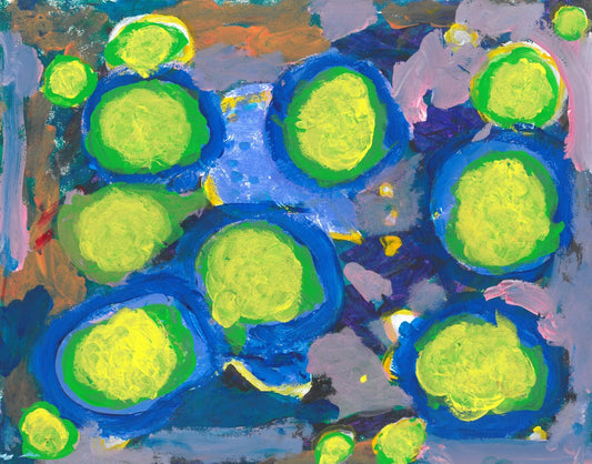 Abstract painting of green spots and blue circles on a colorful background