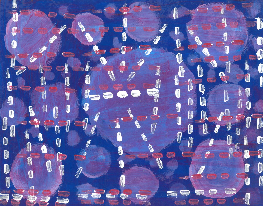 Abstract painting of white and red dashes and purple spots on a blue background