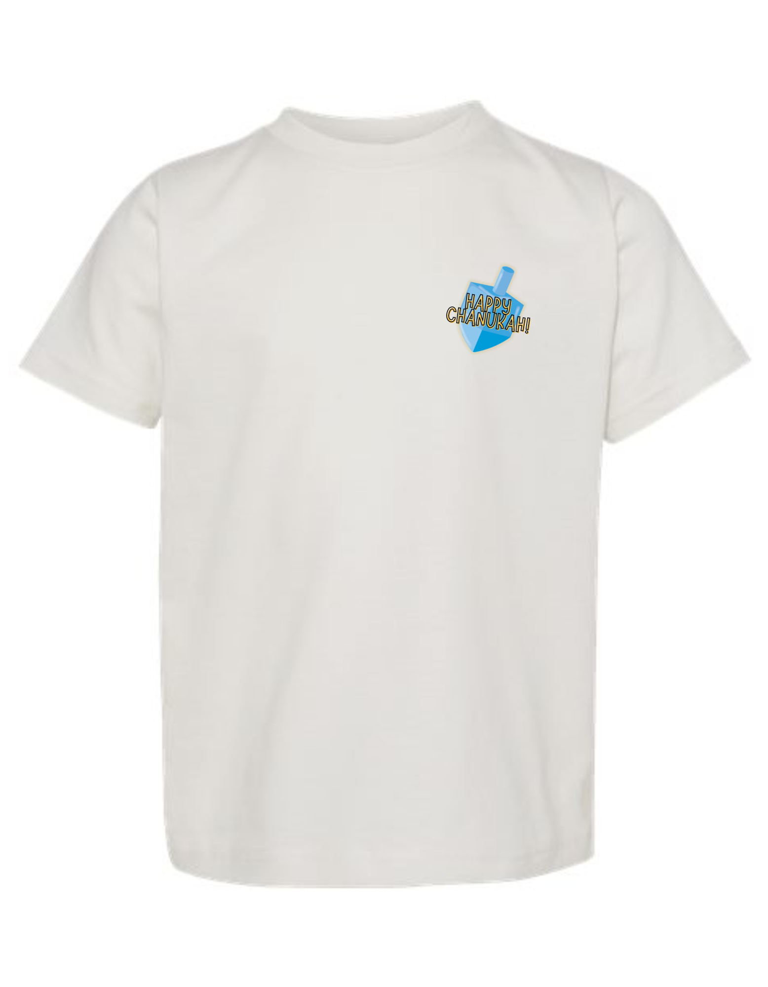 front of white shirt that says happy chanukah