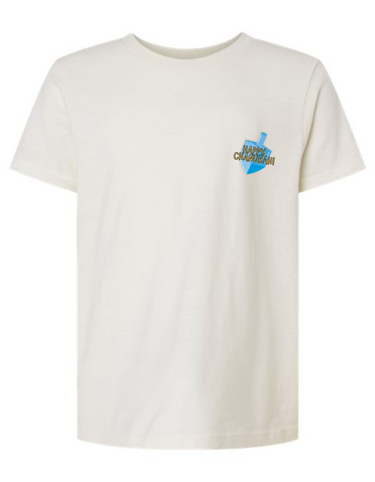 front of white shirt that says happy chanukah