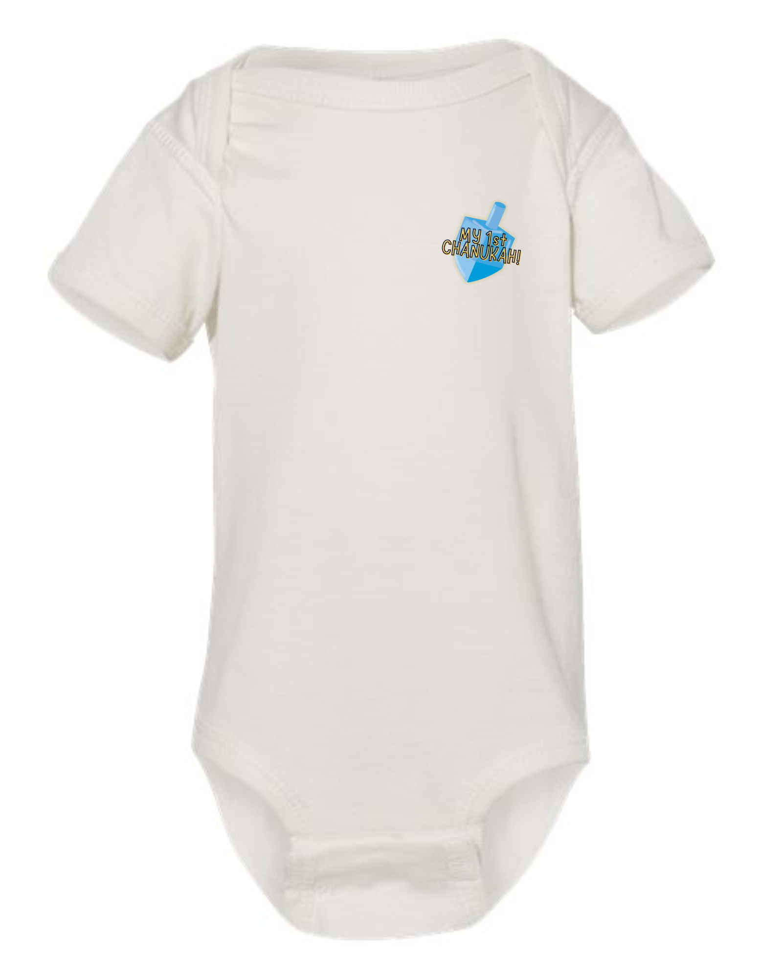 white onesie with dreidel and text that says 'my first chanukah.