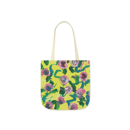 tote of a Painting of pink dots near green and teal squigly lines that are reminiscent of flowers on top of a yellow background