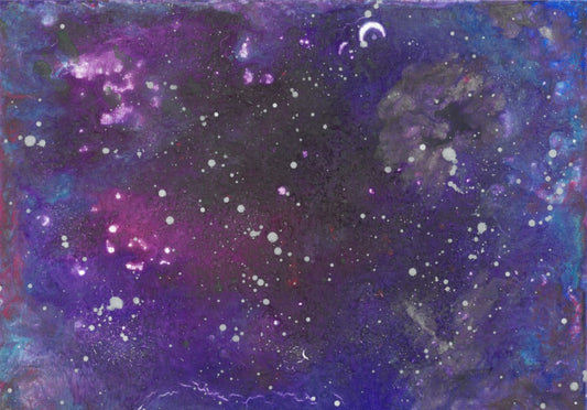 Abstract painting of white dots on a black, purple, and blue background