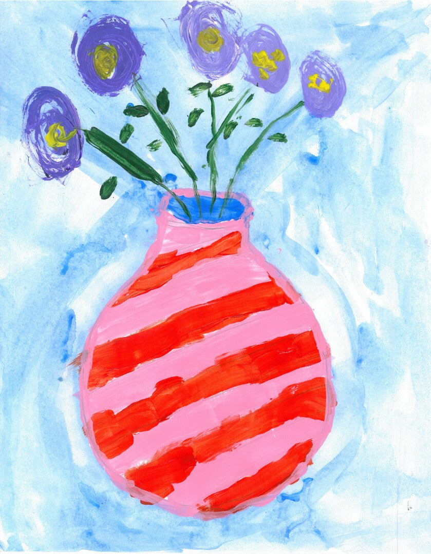 Artistic rendering of purple flowers in a red and pink striped vase