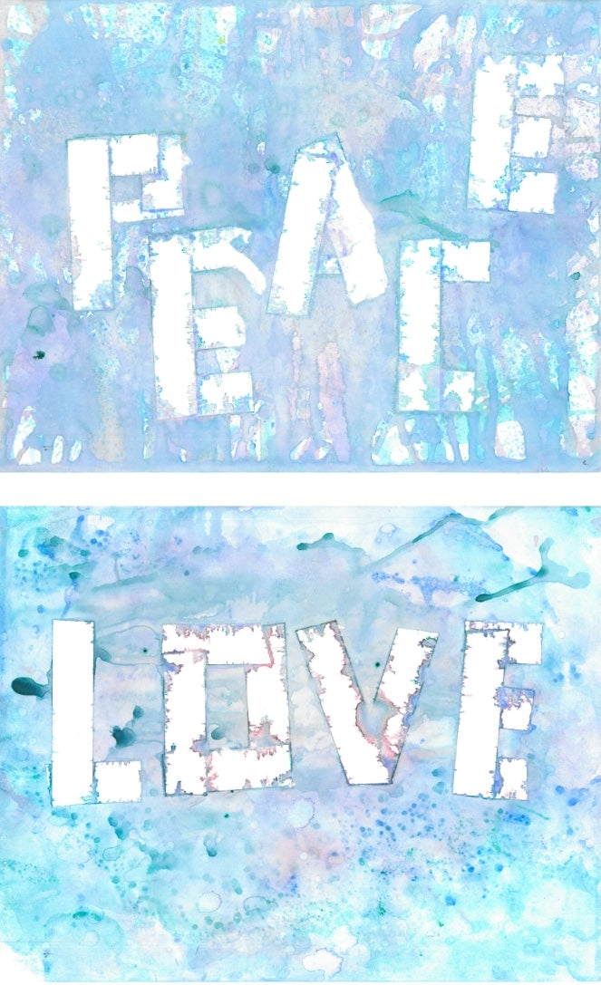abstract dypric of light blues with white words of peace and love