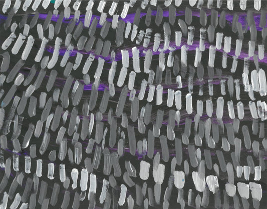 abstract painting of gray short verticle lines on top of a black and purple background