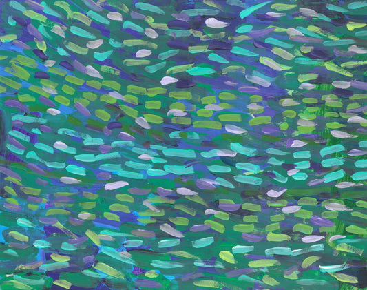 abstract painting of green and blue short horizontal lines on top of a background of purple and teal