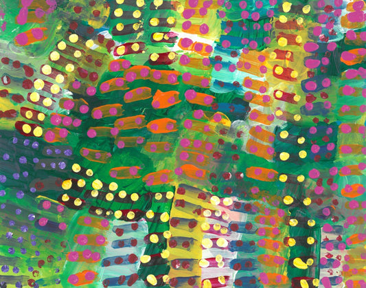 Abstract painting of blue and green dots and waves across yellow and orange