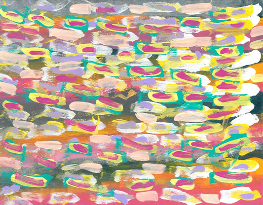 Abstract painting of colorful dashes of pink, yellow, teal and white on a striped background