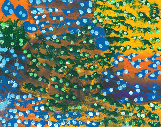 Abstract painting of blue and green dots and waves across yellow and orange