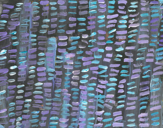 abstract painting of short horizontal lines of light purple and blue ontop of gray